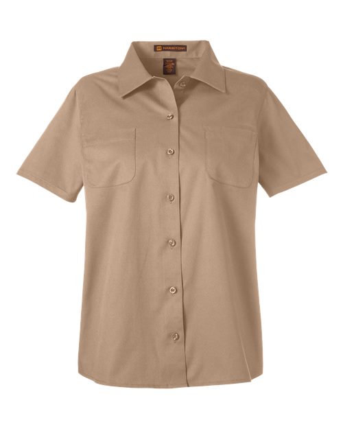 Harriton M585W, Women's Advantage Il Short Sleeve Dress Shirt, Khaki