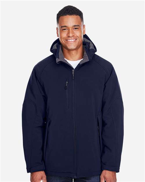 Men's Glacier Insulated Three-Layer Fleece Soft Shell Hood Jacket with Detachable Hood - - 14177 Classic Navy 138D3 88159 AB Exclusive Brands Adjustable CA New ab Fleece Full-Zips Hooded Jackets Mens & Unisex New AB North End Outerwear Performance Pockets Polyester S&S Exclusive Brands Soft Shells Spandex Waterproof Zips
