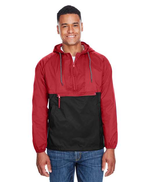 Unisex Packable Hooded Nylon Jacket - - 14181 Red Black 290B9 AB Exclusive Brands Adjustable CA New ab Drawstring Harriton Hooded Jackets Long Sleeves M750 Mens & Unisex New AB Nylon Outerwear Packables Pockets Pullovers Quarter-Zips S&S Exclusive Brands Spiritwear Water Resistant Zips