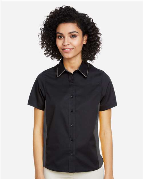 Harriton M586W, Women's Flash Il Colorblock Shirt, Black/ Dark Charcoal