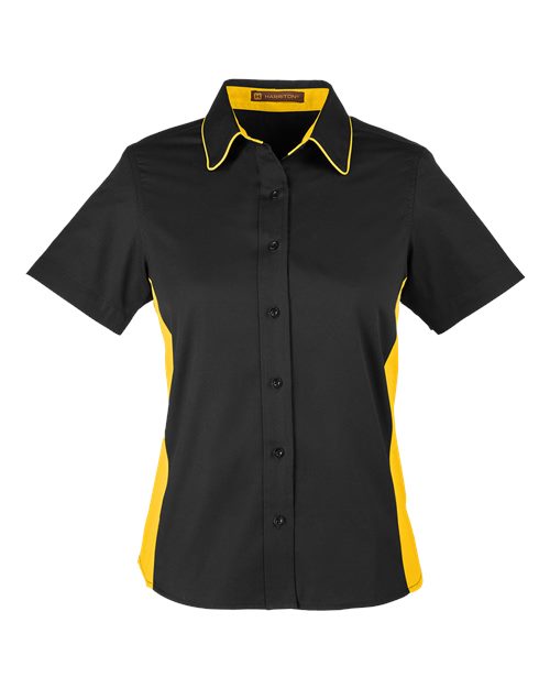 Harriton M586W, Women's Flash Il Colorblock Shirt, Black/ Sunray Yellow