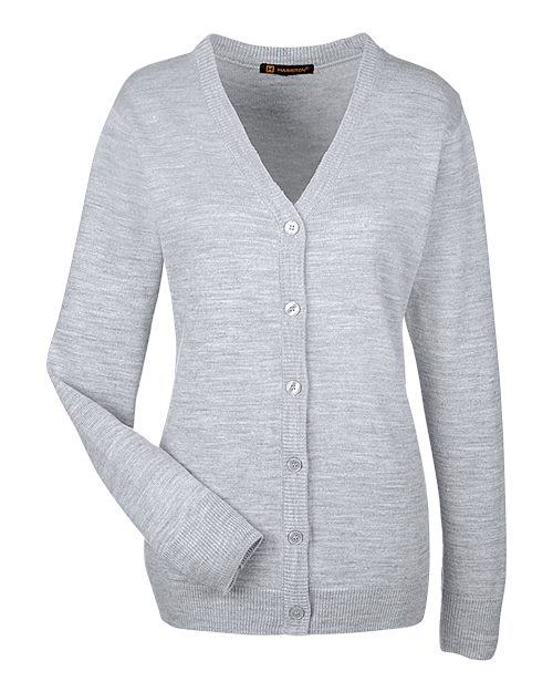 Harriton M425W, Women's Pilbloc V-neck Button Cardigan Sweater, Grey Heather