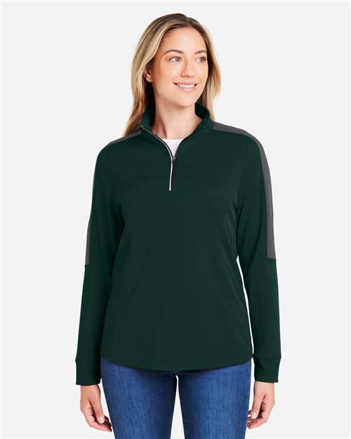 Women's Market Snag Protect Mesh Colorblock Quarter-Zip Pullover - - 14490 Forest Carbon 285A7 4-4.9 oz AB Exclusive Brands Activewear Antimicrobial Back to School 2025 CA CA New ab CE404W CORE365 Long Sleeves Mesh Moisture-Management New AB Performance Polos & Knits Polyester - 100% Pullovers Quarter-Zips S&S Exclusive Brands Spiritwear Sun/UV Protection Tear Away Thumbholes Tops Womens Zips