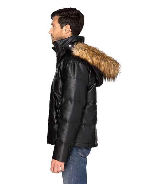 Unisex Vegan Leather Puffer Jacket - - 14511 Black Vegan Leather 14 oz and over 397J 803E0 CA New ab Full-Zips Jackets Mens & Unisex New AB Outerwear Polyester - 100% Puffers Sustainable Styles Threadfast Apparel Zips