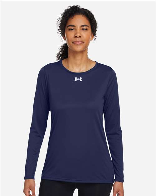 Women's Team Tech™ Long Sleeve T-Shirt - - 14797 Midnight Navy White 1376852 151E2 AB Retail Exclusive Brands Activewear Apparel CA New ab Crewneck Long Sleeves Moisture-Management New AB Performance Polyester - 100% Recycled S&S Exclusive Brands T-Shirts T-Shirts - Long Sleeve Tops Under Armour Visible Logos Womens