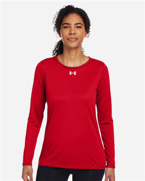 Women's Team Tech™ Long Sleeve T-Shirt - - 14797 Red White 1376852 151E2 AB Retail Exclusive Brands Activewear Apparel CA New ab Crewneck Long Sleeves Moisture-Management New AB Performance Polyester - 100% Recycled S&S Exclusive Brands T-Shirts T-Shirts - Long Sleeve Tops Under Armour Visible Logos Womens