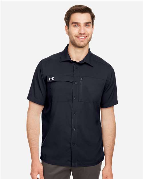 Men's Motivate Coach Woven Shirt - - 14916 Black White 115E2 1351360 3-3.9 oz AB Retail Exclusive Brands Antimicrobial CA New ab Dress Shirts Explore Corporate Explore Corporate Company Travel Explore Corporate Outings & Events Mens & Unisex Moisture-Management New AB Pockets Polyester S&S Exclusive Brands Short Sleeves Spandex Spiritwear Sun/UV Protection Tops Under Armour Visible Logos Wovens Wovens & Dress Shirts