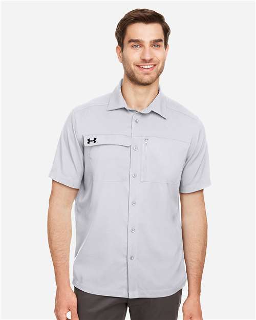 Men's Motivate Coach Woven Shirt - - 14916 Halo Grey Steel Grey 115E2 1351360 3-3.9 oz AB Retail Exclusive Brands Antimicrobial CA New ab Dress Shirts Explore Corporate Explore Corporate Company Travel Explore Corporate Outings & Events Mens & Unisex Moisture-Management New AB Pockets Polyester S&S Exclusive Brands Short Sleeves Spandex Spiritwear Sun/UV Protection Tops Under Armour Visible Logos Wovens Wovens & Dress Shirts