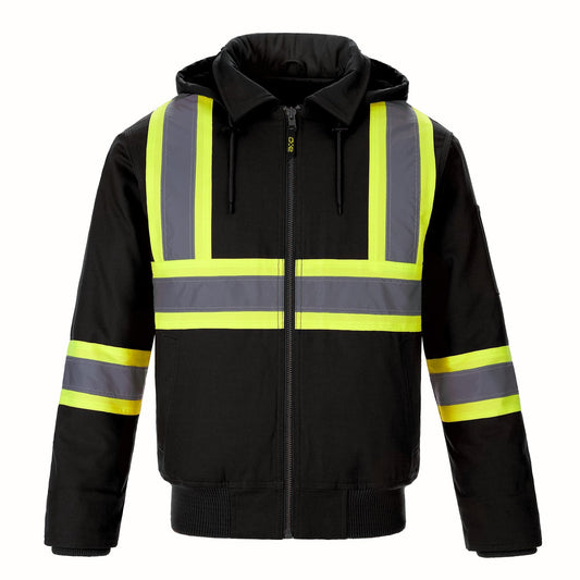 L01290 - International - Cotton Canvas Hi-Vis Bomber Jacket w/ Detachable Hood Black 1290 adult CX2 Hi-Vis mens sherpa