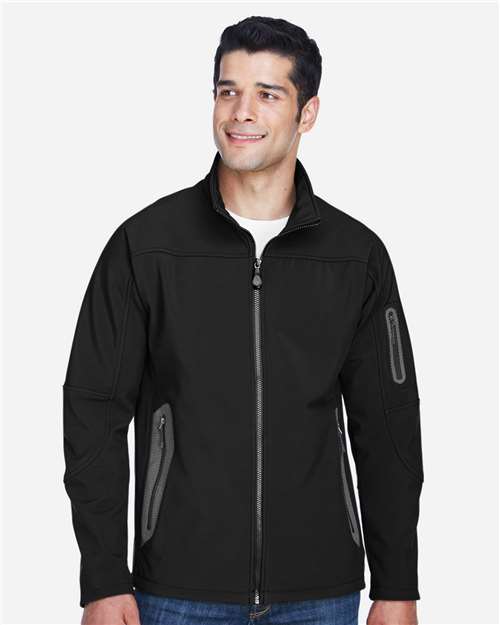 Men's Three Layer Fleece Bonded Shell Technical Jacket - - 15406 Black 11-11.9 oz 135D3 88138 AB Exclusive Brands Adjustable CA New ab Drawstring Full-Zips Jackets Mens & Unisex New AB North End Outerwear Performance Pockets Polyester S&S Exclusive Brands Soft Shells Spandex Water Resistant Zips