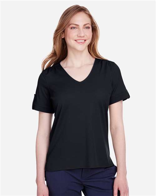 Women's CrownLux Performance® Plaited Rolled Sleeve Shirt - - 13387 Black 641B2 AB Exclusive Brands CA New ab Devon & Jones DG20WB Moisture-Management New AB Performance S&S Deep Deals Short Sleeves Side Seams Sport Shirts Sun/UV Protection Tops Womens