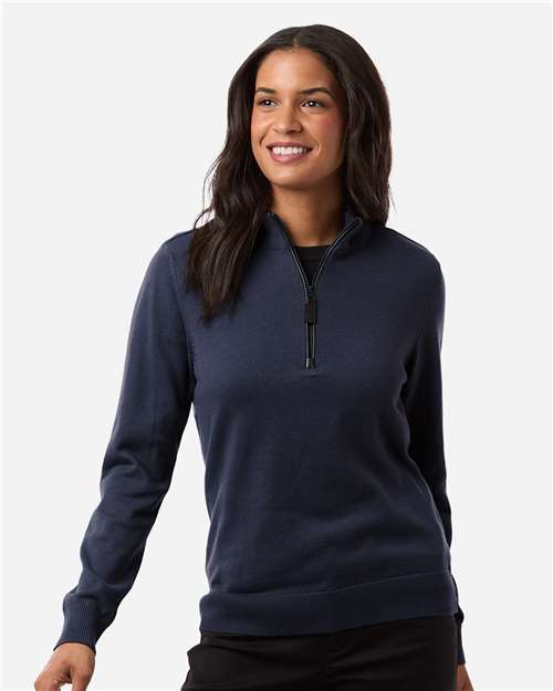 Women's New Classics Quarter-Zip Sweater - - 16189 Navy 014B2 7-7.9 oz Apparel CA New ab Devon & Jones DG446W Knit Quarter-Zips Recycled Sustainable Materials Sustainable Styles Sweaters Womens