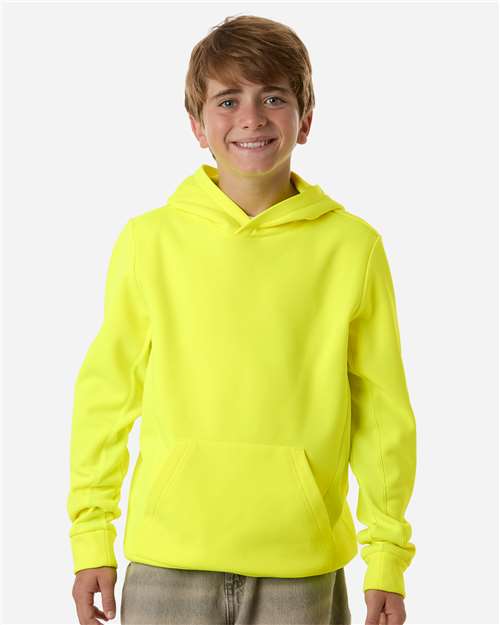 Team 365 TT400Y, Youth Squad Hooded Tech Fleece Pullover, Safety Yellow