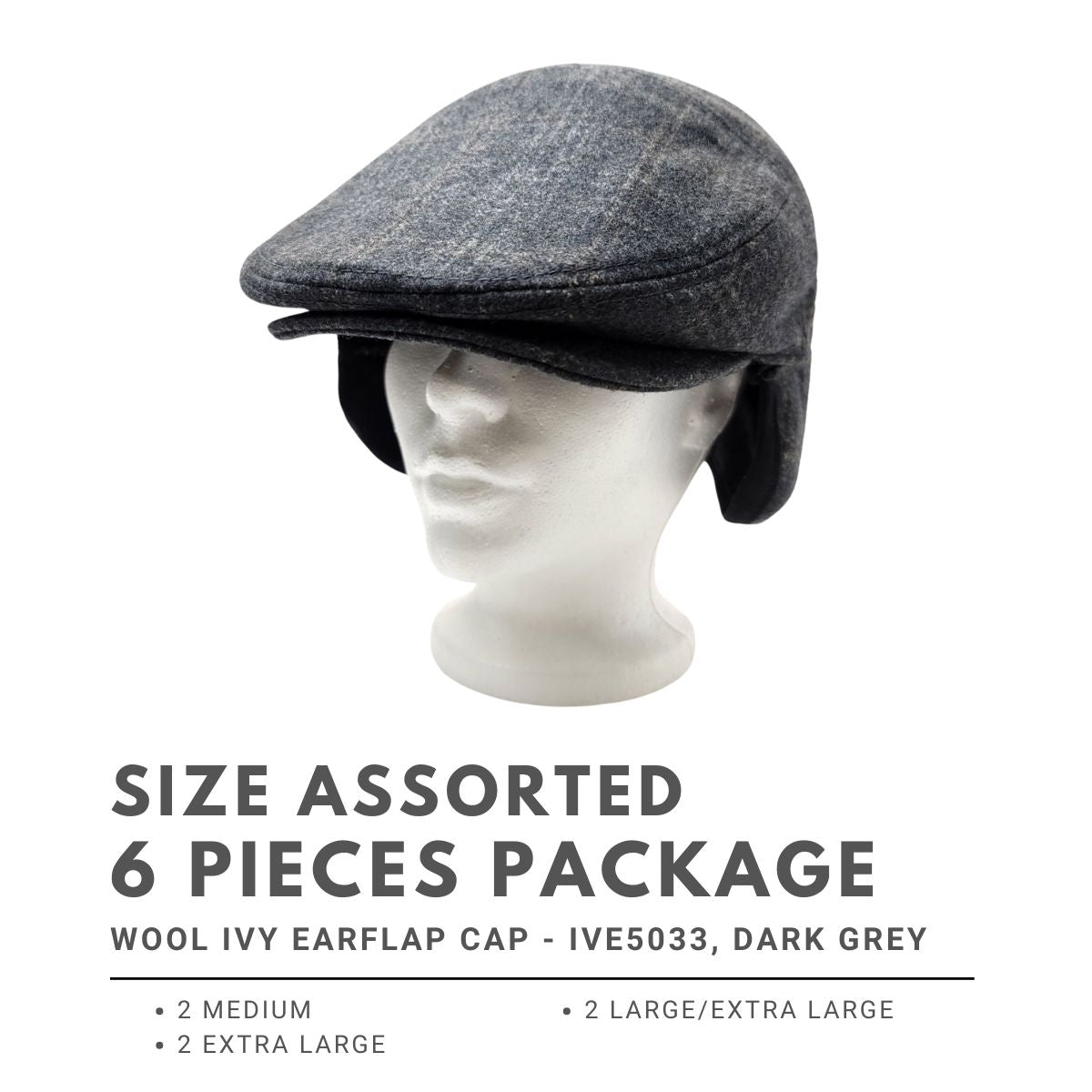 Wool Ivy Earflap Cap - IVE5033, 100% Wool, Plaid Pattern, 3 Sizes Dark Grey 6 pieces Package (2 M, 2 L, 2 XL) Fashion Hat
