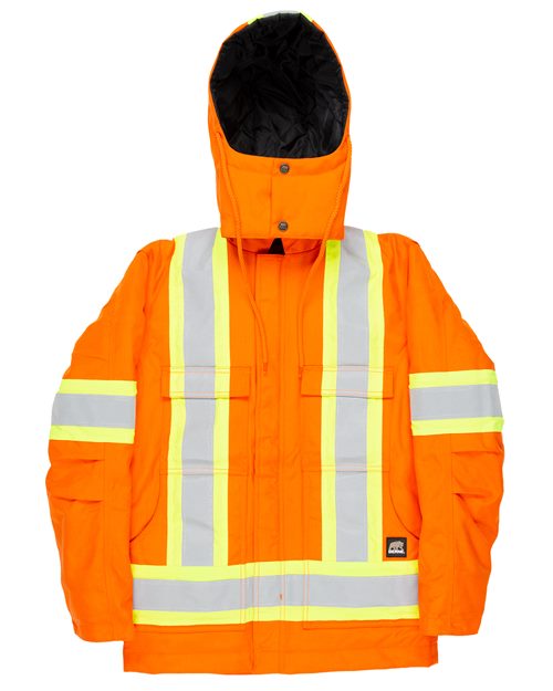 Safety Striped Arctic Insulated Chore Coat - - 15989 Orange 277A4 AB Retail Exclusive Brands Berne Apparel CA New ab Drawstring Full-Zips Hooded HVNCH03 Long Sleeves Mens & Unisex New AB Nylon Outerwear Personal Protection Pockets Polyester Safety Workwear Wovens