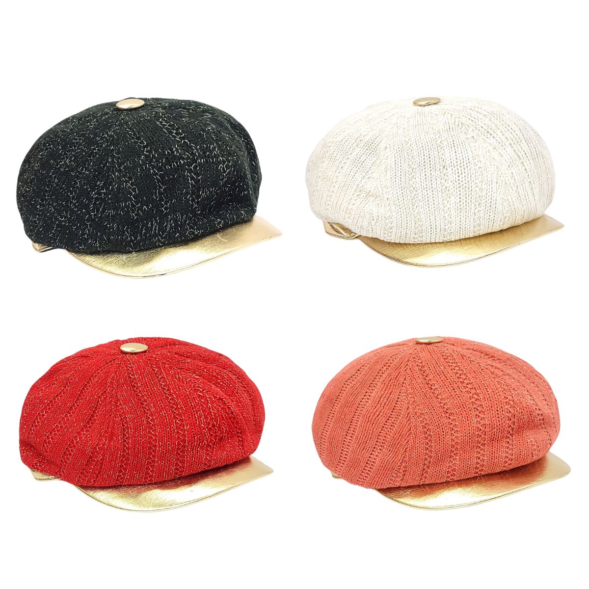 Newsboy Hat - Knitted, Glitter with Gold Visor, Multi-Coloured Fashion Knit