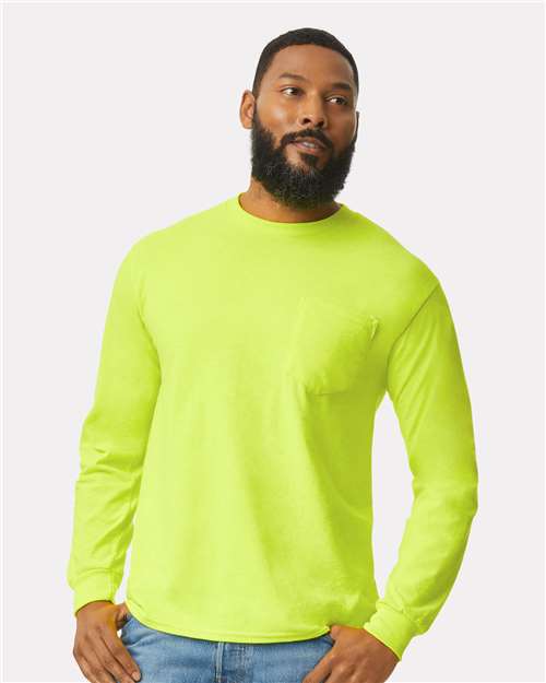 Unisex Ultra Cotton Long Sleeve Pocket T-Shirt - 2410 Safety Green classic fit cotton durable everyday wear long sleeve t-shirt pocket t-shirt Polyester printable T-Shirts - Long Sleeve ultra cotton unisex