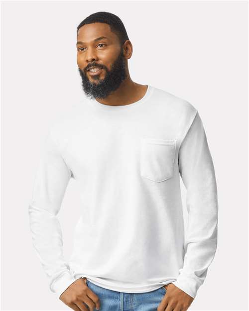 Unisex Ultra Cotton Long Sleeve Pocket T-Shirt - 2410 White classic fit cotton durable everyday wear long sleeve t-shirt pocket t-shirt Polyester printable T-Shirts - Long Sleeve ultra cotton unisex