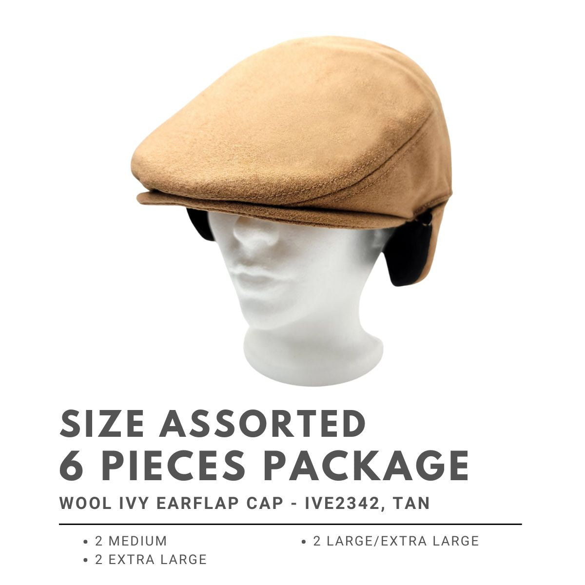Wool Ivy Earflap Cap - IVE2342, 100% Wool, Solid Colour, 3 Sizes Tan 6 pieces Package (2M, 2L, 2XL) Fashion Hat