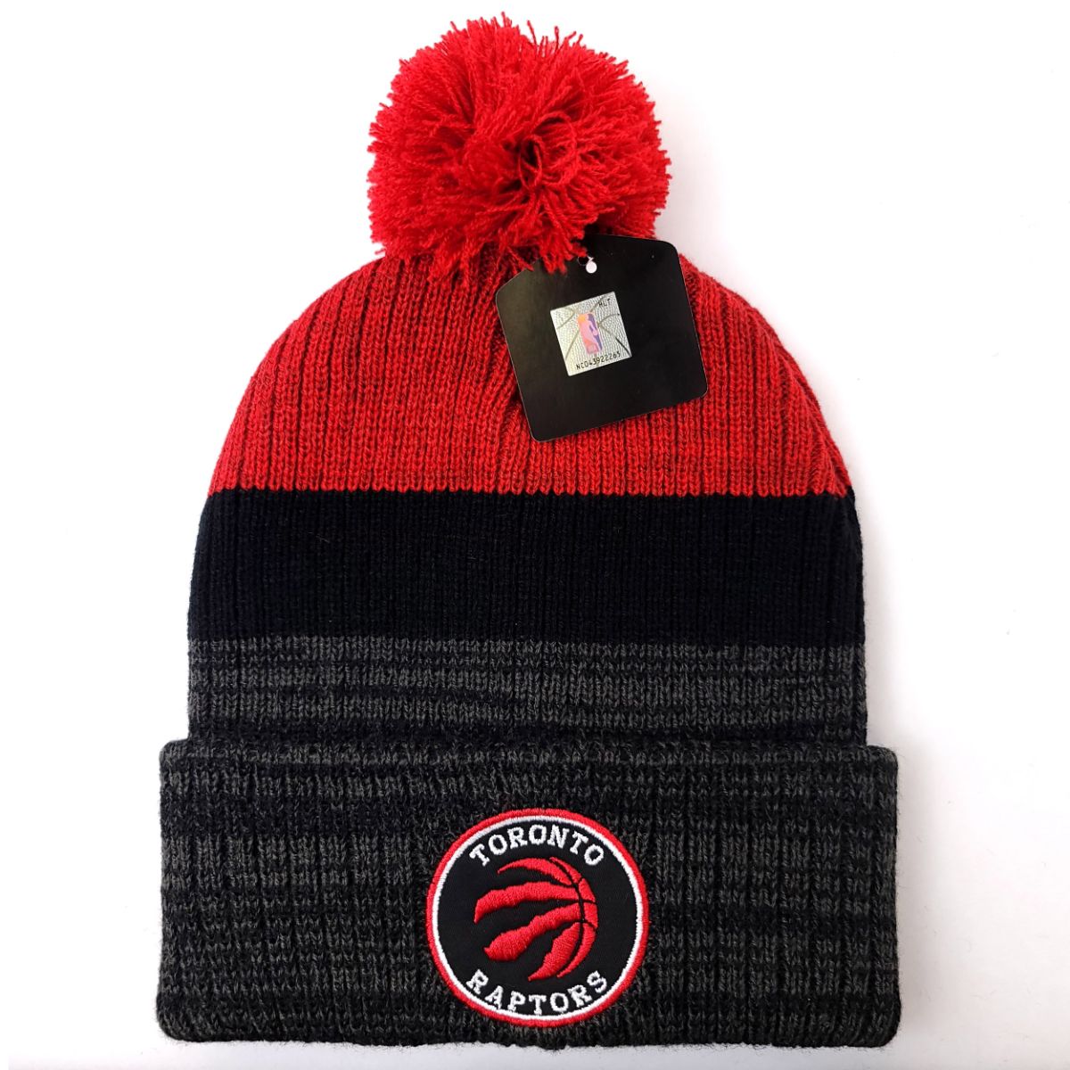 Toronto Raptors Pom Knit Toque - FZ, Charcoal with Red & Black Stripe Raptors Toronto
