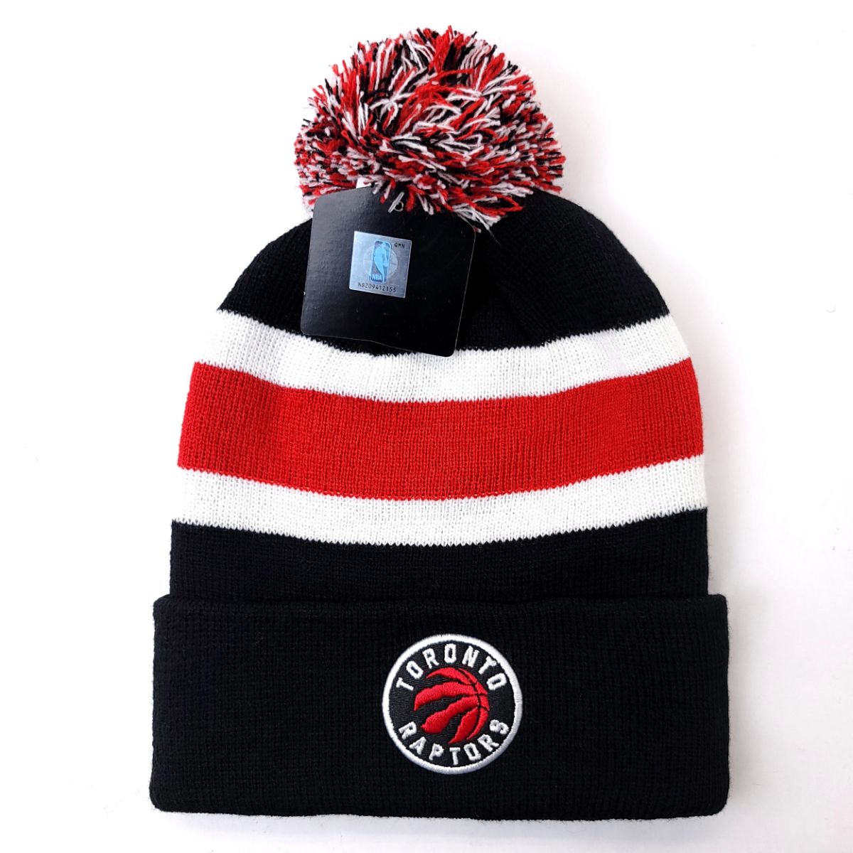 Toronto Raptors Pom Knit Toque - BA, Black with Red & White Stripe Raptors Toronto