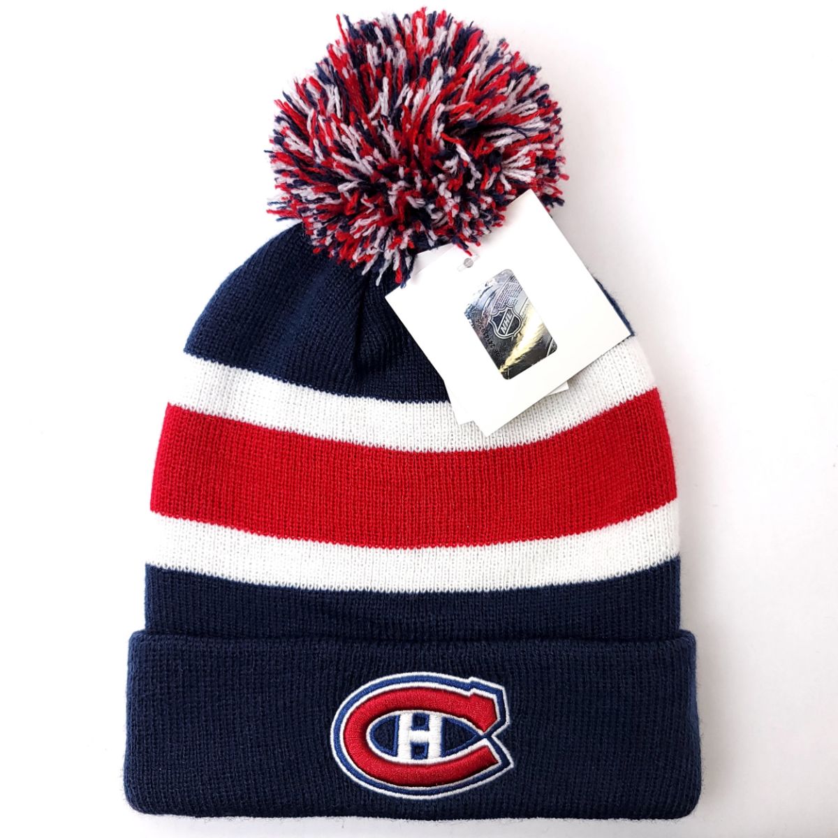 Montreal Canadiens Pom Knit Toque - BA, Navy with Red Stripes OSFA
