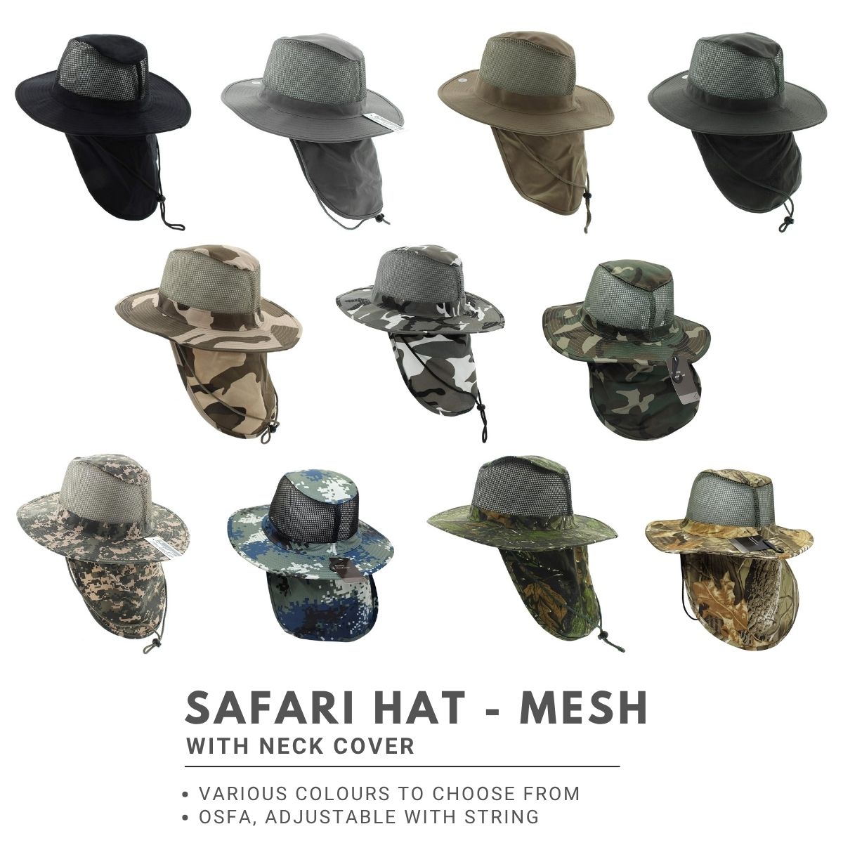 Safari Hat with Neck Cover, Mesh, Various Colours & Sizes Dozen Special Summer Hat