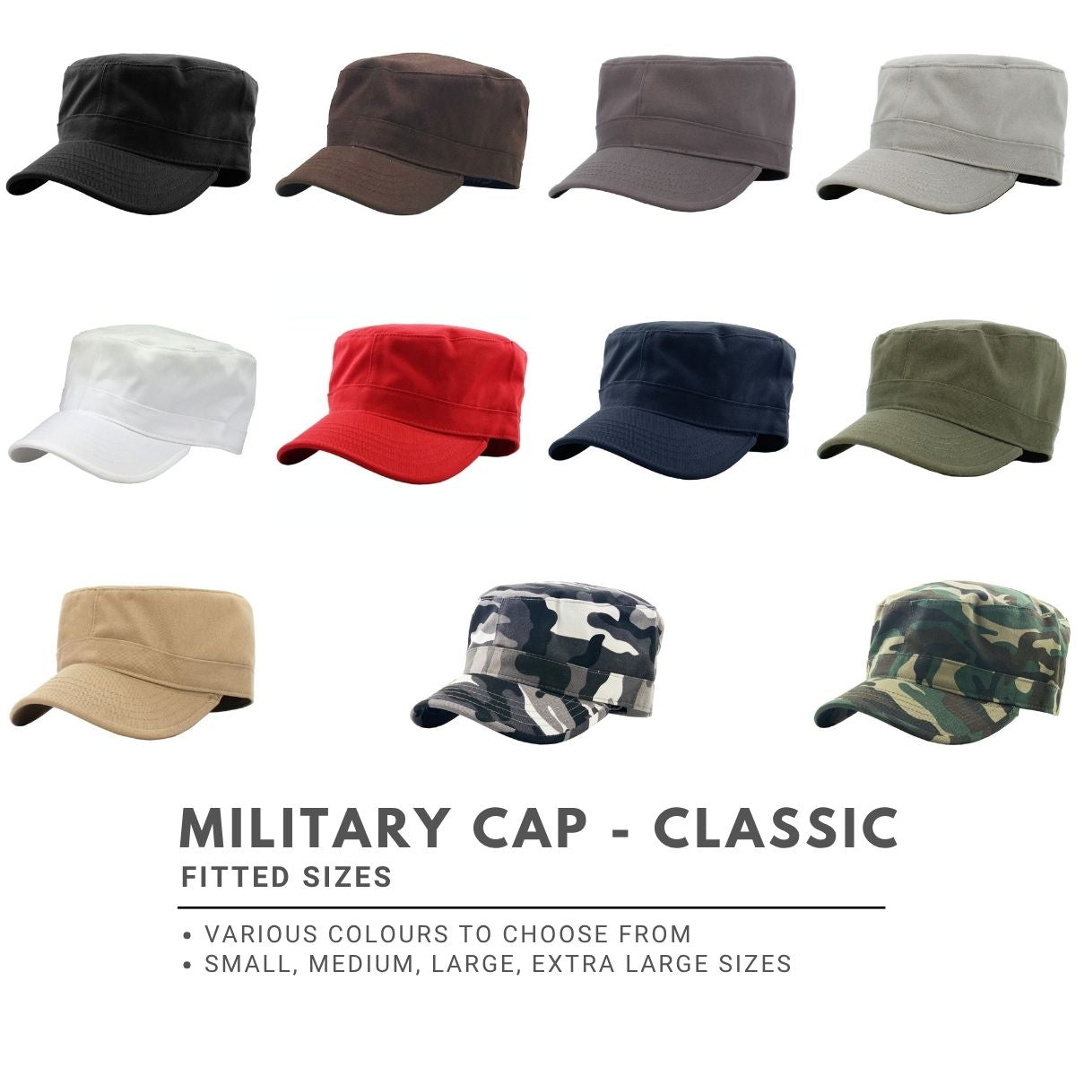 Military Cap - Classic, Multi-Coloured, Fitted Plain Cap