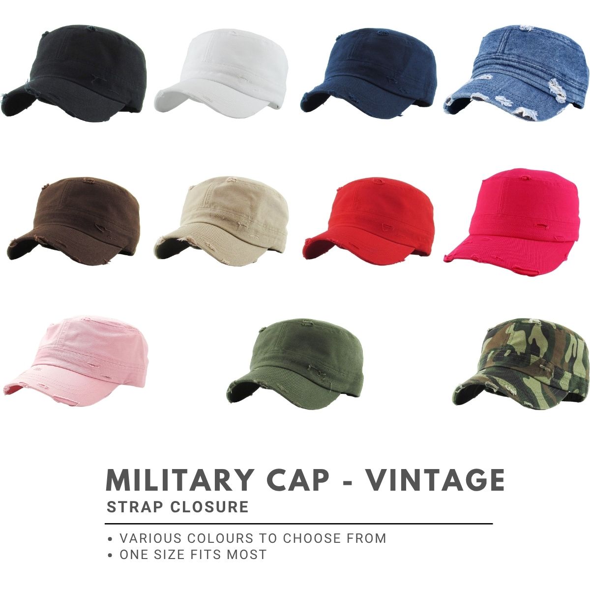 Military Cap - Vintage, Strap Closure, Multi-Coloured, OSFA
