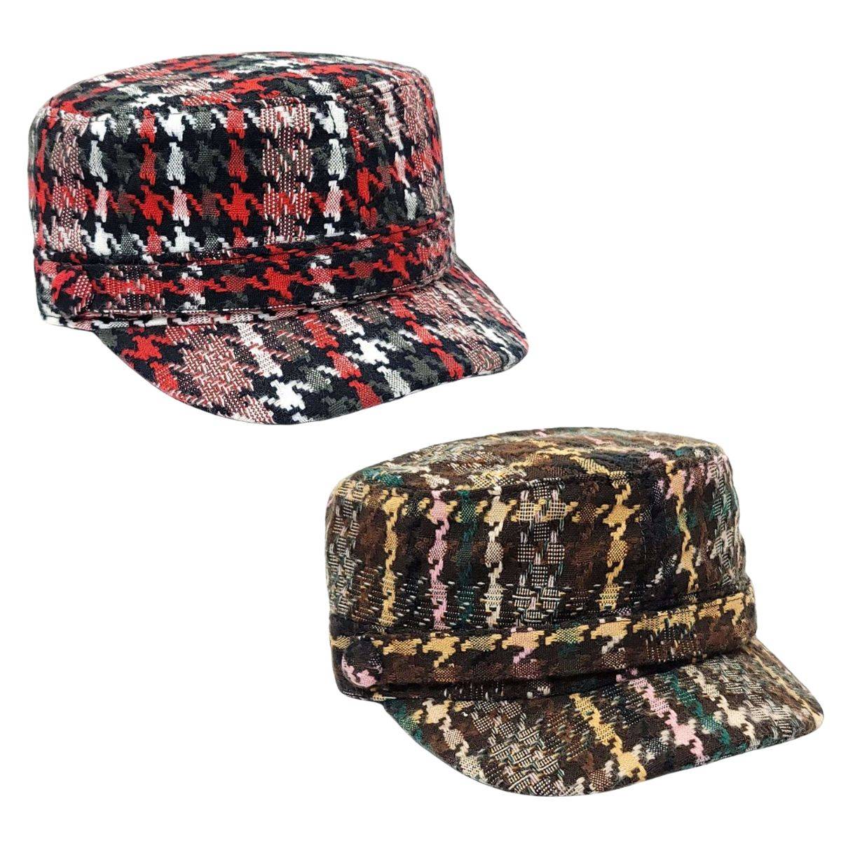 Cadet Cap - Knitted Houndstooth, XO43, Red & Brown Mix Military Cap