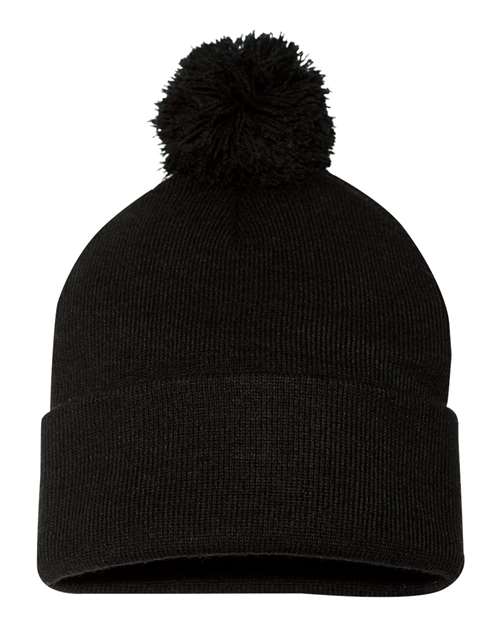 Sportsman SP15, 12" Pom-pom Cuffed Beanie, Black