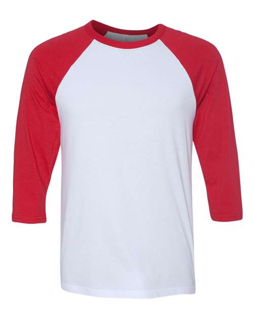 BELLA + CANVAS 3200, Unisex Three-quarter Sleeve Baseball Tee, White/ Red