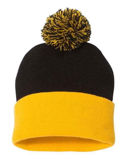 Sportsman SP15, 12" Pom-pom Cuffed Beanie, Black/ Gold