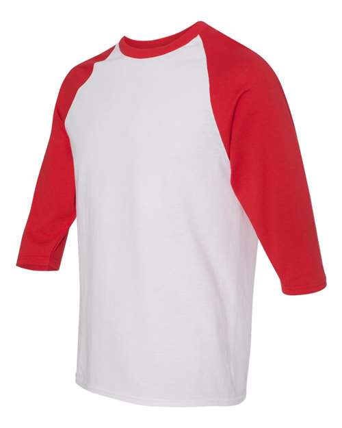 Gildan 5700, Unisex Heavy Cotton Raglan Three-quarter Sleeve T-shirt, White/ Red