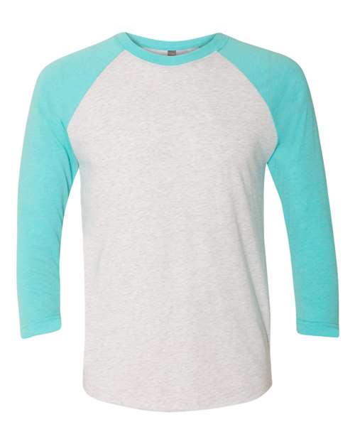 Next Level 6051, Unisex Triblend Three-quarter Raglan Tee, Tahiti Blue Sleeves/ Heather White Body