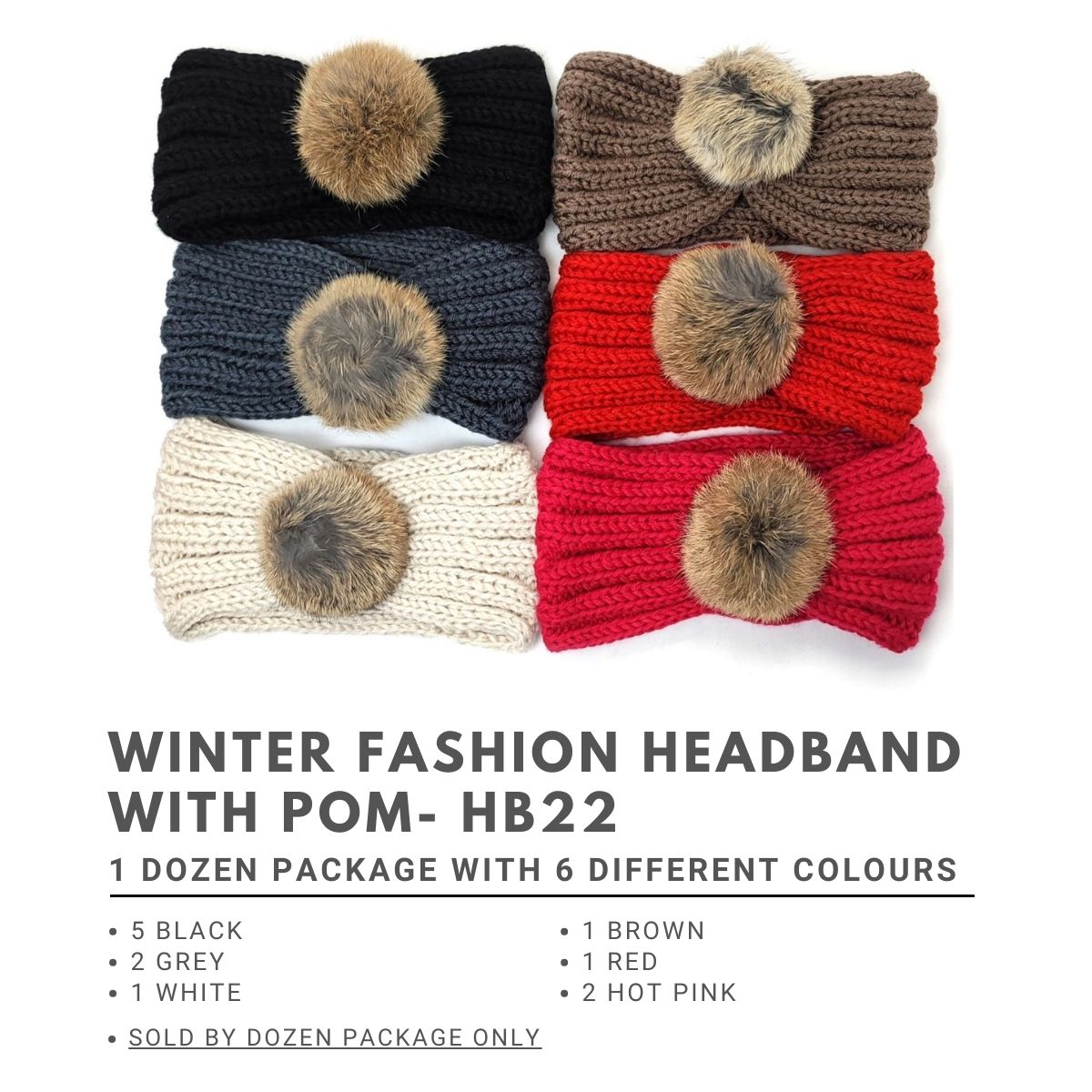 Winter Fashion Headband with Pom- HB22, Dozen Package Dozen Package - 5 Black 2Grey 1 White 1 Brown 1 Red 2 Hot pink Accessories