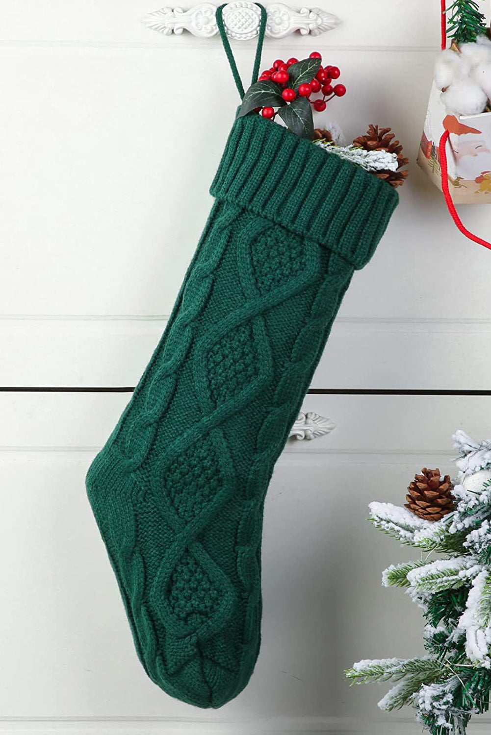 Blackish Green Textured Knit Christmas Stocking Ornament Blackish Green ONE SIZE Color Black Color Green Day Christmas Fabric RibKnit Fabric Textured Occasion Home Pattern Plain red stocking stockings Style Boho