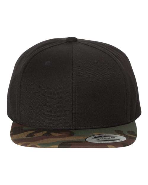 YP Classics 6089M, Premium Flat Bill Snapback Cap, Black/ Camo