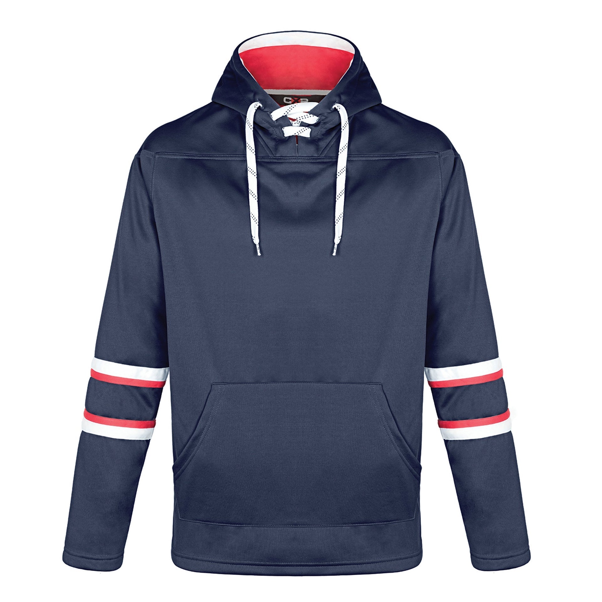 L00617 - Dangle - Adult Pullover Hockey Lace Hooded Sweatshirt Navy Red White 617 adult athletic blue CX2 hockey hoodie kangaroo mens team