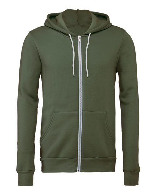 BELLA + CANVAS 3739, Unisex Sponge Fleece Full-zip Hoodie Sweatshirt, Military Green