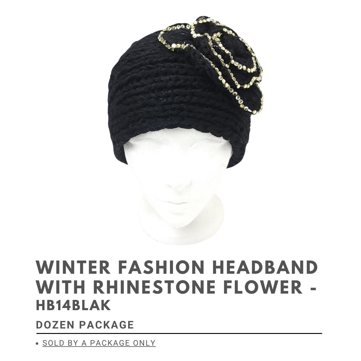 Winter Fashion Headband with Rhinestone Flower, - HB14BLA, Dozen Package Dozen Package Accessories