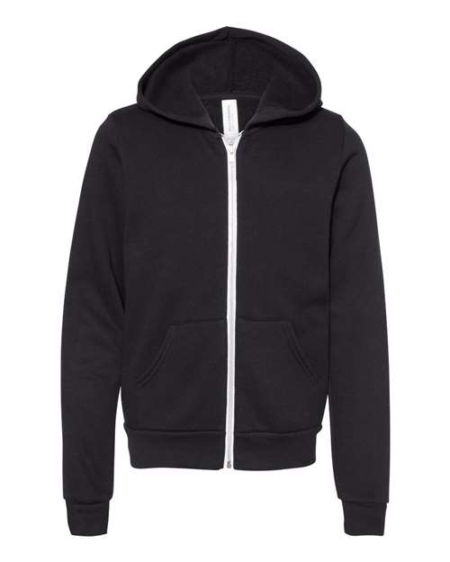 BELLA + CANVAS 3739Y, Youth Sponge Fleece Full-zip Hoodie Sweatshirt, Black