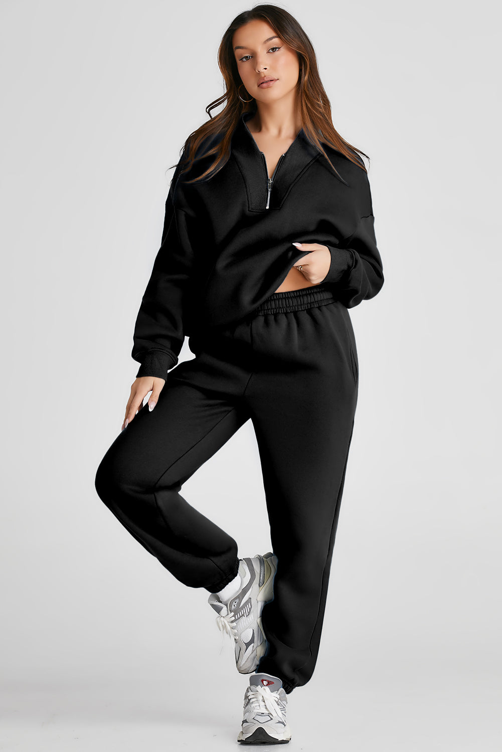 Black Plain Half Zip V Neck Top & Ribbed Edge Loose Pants Sets Color Black Fabric Cotton Fabric RibKnit matching set Occasion Daily Pattern Plain Season Spring&Autumn Style Casual