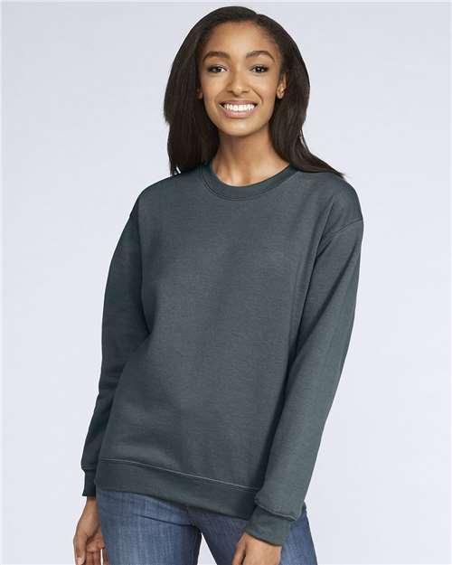 Gildan SF000 Unisex Softstyle® Midweight Crewneck Sweatshirt Dark Heather Cotton Cotton-Poly Blend Crewneck Fleece Midweight Moisture-Wicking Outerwear Polyester Regular Fit Spandex Sport / Athletic Super Heavyweight Sweatshirts & Fleece Tear-Away Label Tops Womens Womens Tops