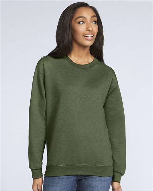 Gildan SF000 Unisex Softstyle® Midweight Crewneck Sweatshirt Military Green Cotton Cotton-Poly Blend Crewneck Fleece Midweight Moisture-Wicking Outerwear Polyester Regular Fit Spandex Sport / Athletic Super Heavyweight Sweatshirts & Fleece Tear-Away Label Tops Womens Womens Tops