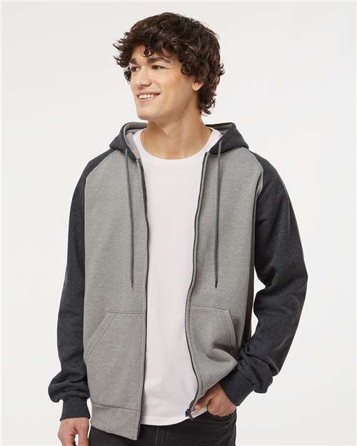 Fleece Raglan Hooded Full-Zip Sweatshirt - - 9371 Grey Heather Dark Charcoal 00239 14 oz and over Adult Blends Cotton - Over 50% Cotton - Ringspun Cuffed / Cuffs Drawstring Fleece Fleece - Premium - Hood Full-Zips Heavy (Over 6 oz) Hooded KF4048 King Fashion Long Sleeves Mens & Unisex No Visible Logos Pockets Polyester Raglans Ribbed Sweatshirts Sweatshirts & Fleece Tops Zips
