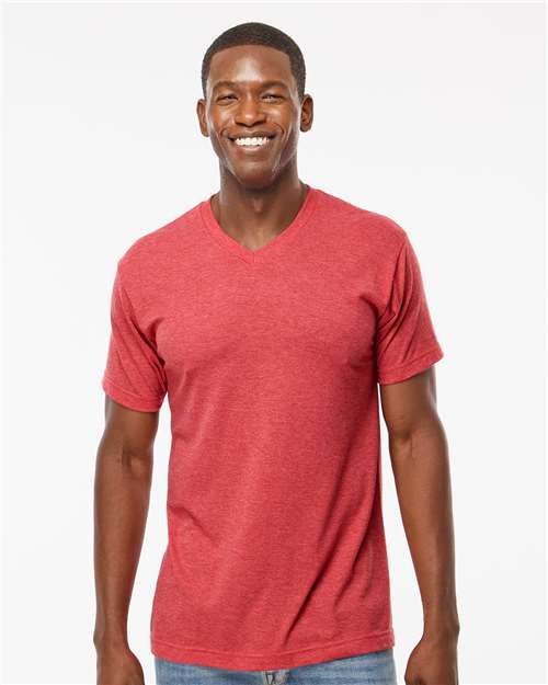 Deluxe Blend V-Neck T-Shirt - - 9428 Heather Red 01042 3543 6-6.9 oz Adult Back to School 2025 CA Cotton - Ringspun Fall Style Guide 2024 CA Festival Season M&O Mens & Unisex No Visible Logos Polyester - Over 50% Regular (5-6 oz) Short Sleeves Side Seams T-Shirts T-Shirts - Premium Tops V-Neck
