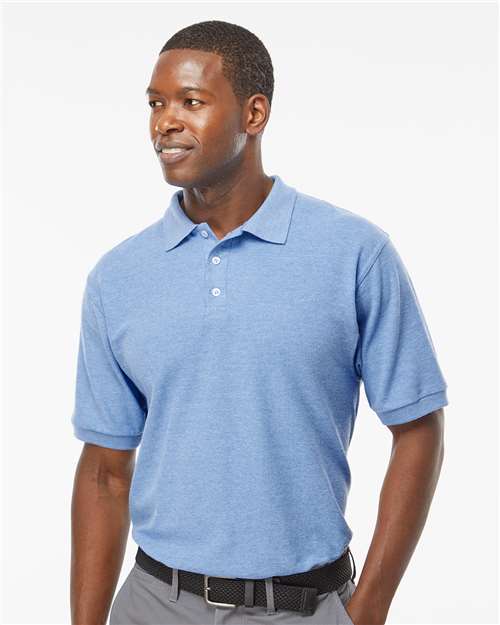 Soft Touch Polo - - 9539 Light Blue Heather 03142 11-11.9 oz 7006 Adult Blends Cotton Cotton/Poly (50/50) M&O Mens & Unisex No Visible Logos Office Apparel and Workwear Pique Plackets Polos Polos & Knits S&S Exclusive Brands Short Sleeves Sport Shirts Tops Tubular