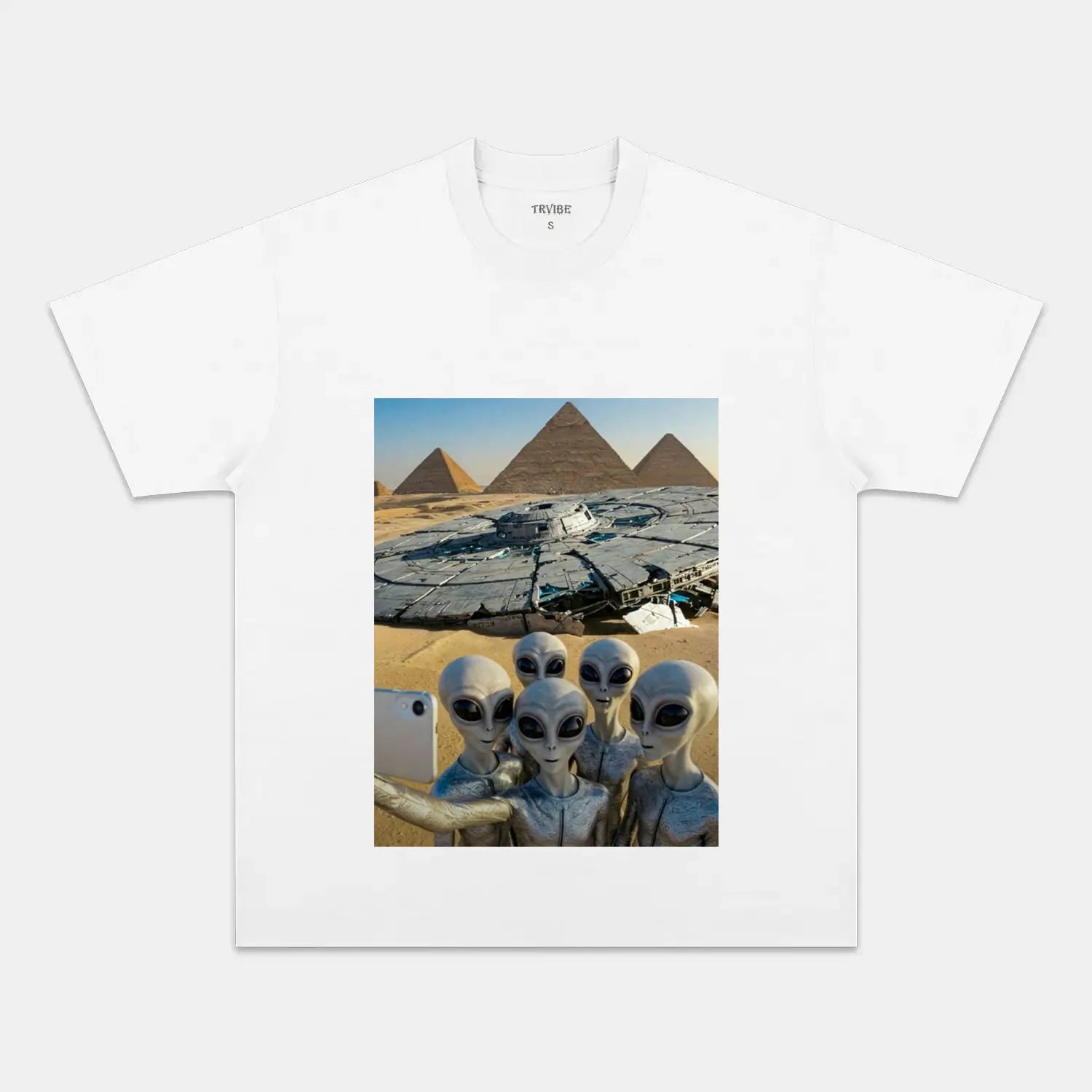 ALIENS TAKE PHOTO WITH PYRAMIDS T-THIRT - Toronto Embroidery bulk orders custom decoration custom embroidery durable embroidery service fast turnaround funny humor long lasting premium quality professional embroidery professional grade toronto embroidery trvibe apparel