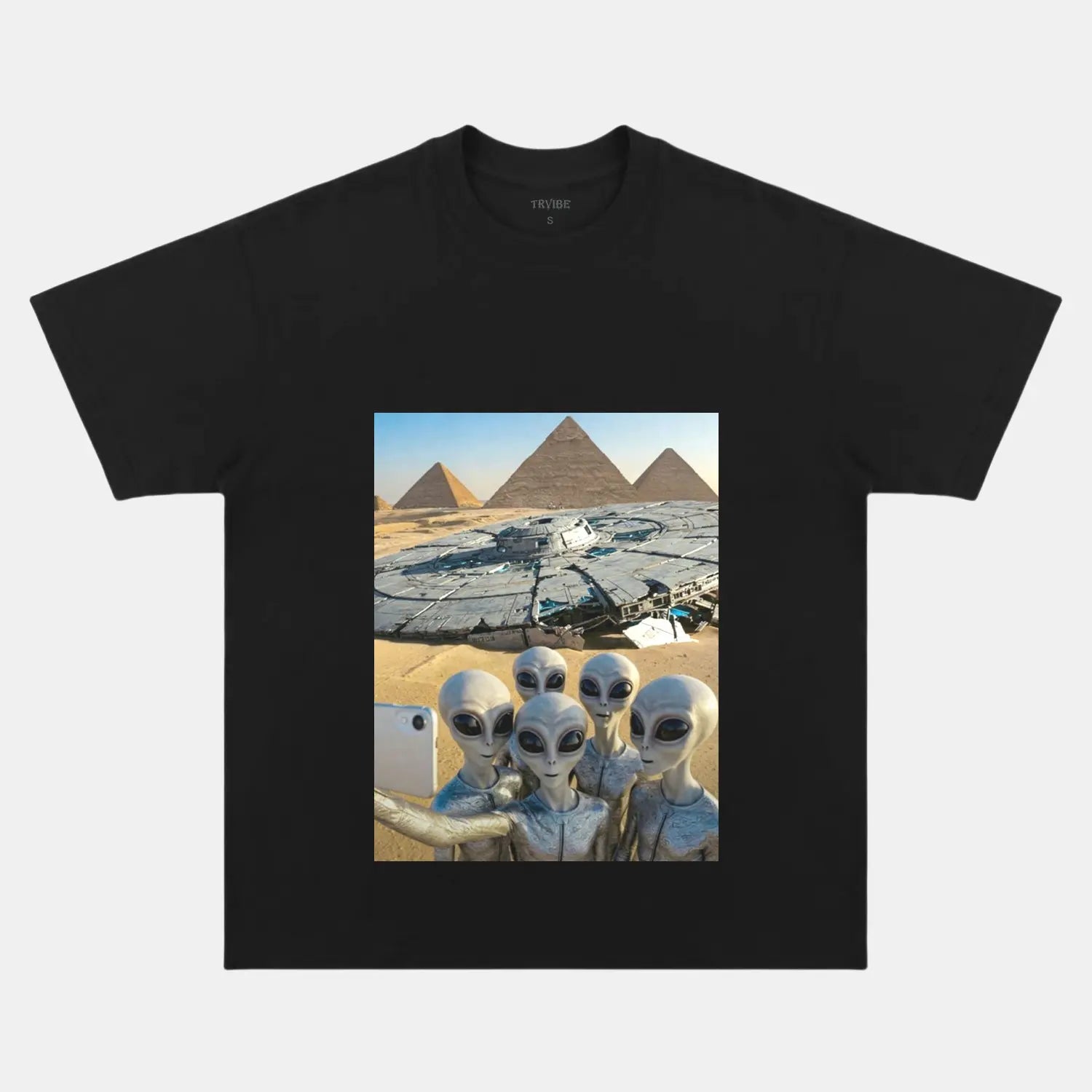 ALIENS TAKE PHOTO WITH PYRAMIDS T-THIRT - Toronto Embroidery bulk orders custom decoration custom embroidery durable embroidery service fast turnaround funny humor long lasting premium quality professional embroidery professional grade toronto embroidery trvibe apparel